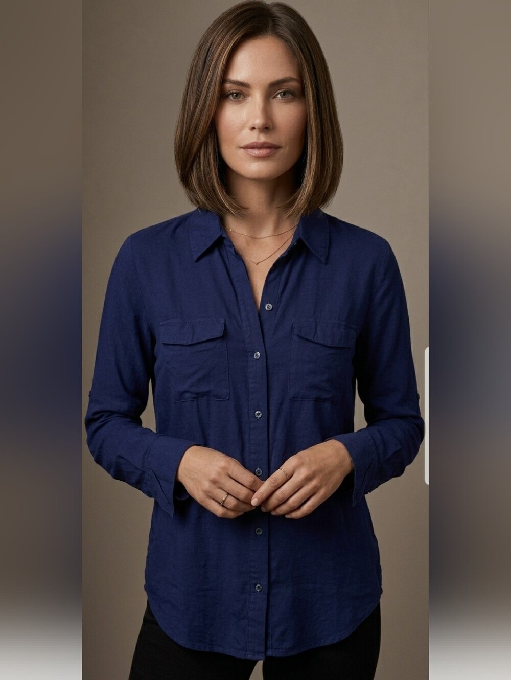 Rock & Republic Navy Blue Button Up Long Sleeve Blouse Size S